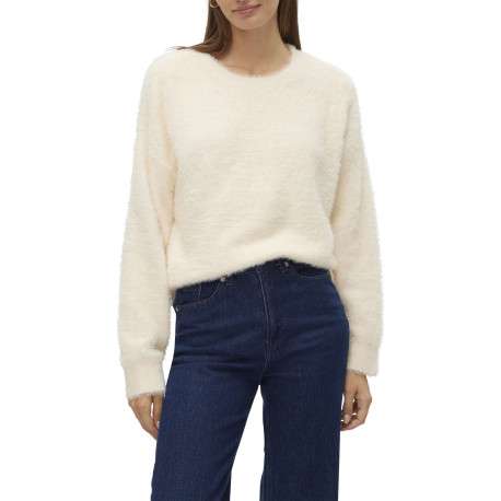 Pull écru uni à coupe droite avec un col rond et des manches longues - Image 2