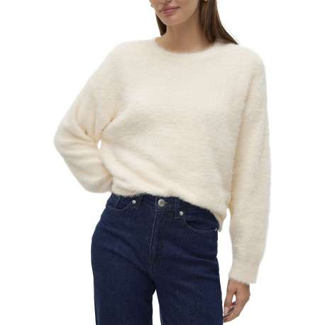 Pull écru uni à coupe droite avec un col rond et des manches longues - Image 5