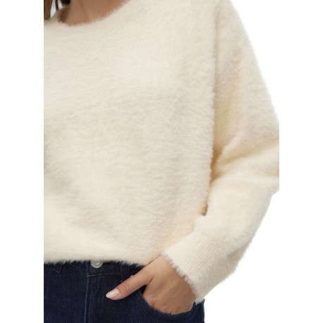 Pull écru uni à coupe droite avec un col rond et des manches longues - Image 6