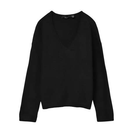 Pull noir uni à coupe droite avec un col v et des manches longues