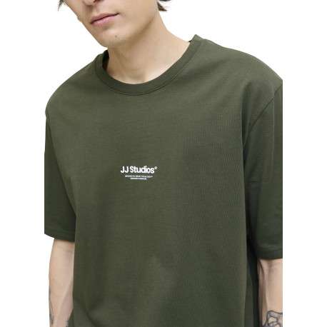 T-shirt en coton vert uni avec une coupe droite et un col rond - Image 6