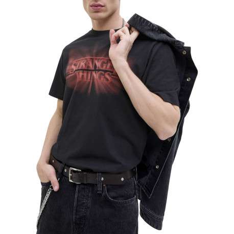 T-shirt en coton noir imprimé série à la poitrine et au dos avec un col rond - Image 5