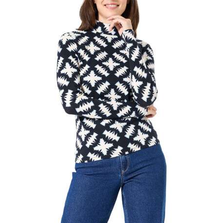 Pull en coton noir et écru à motif fantaisie avec un col montant - Image 2