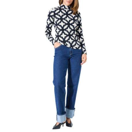 Pull en coton noir et écru à motif fantaisie avec un col montant - Image 5