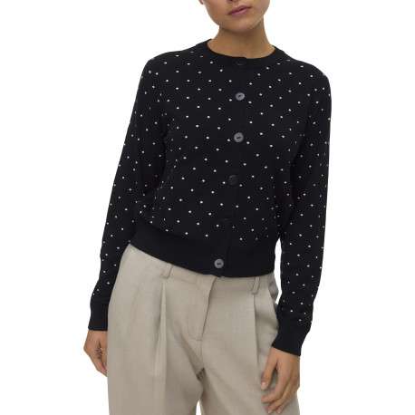 Gilet noir à pois blancs avec boutonnière à l'avant et col rond - Image 2