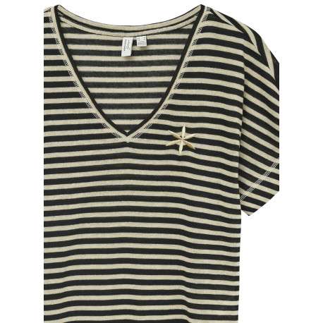 T-shirt à rayures noir et doré avec fils lurex brodé sur la poitrine - Image 2