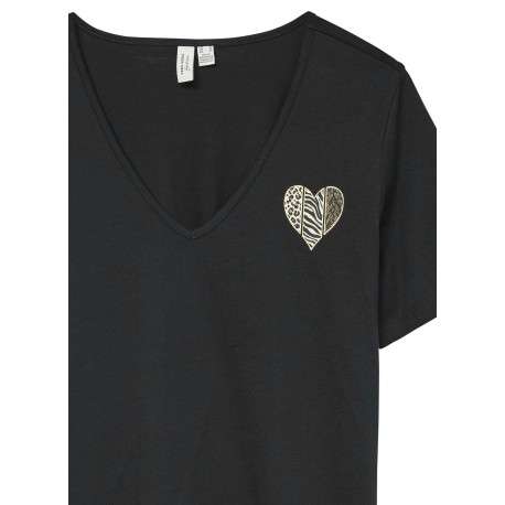 T-shirt en coton biologique noir avec un coeur doré imprimé sur la poitrine - Image 2