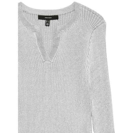 Pull gris clair uni avec incrustation de fils lurex et col tunisien - Image 2