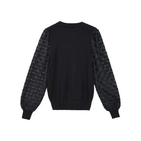 Pull noir uni en maille ajourée avec une coupe droite et un col rond - Image 2