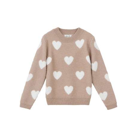 Pull beige en maille avec une coupe droite et des cœurs blancs imprimés