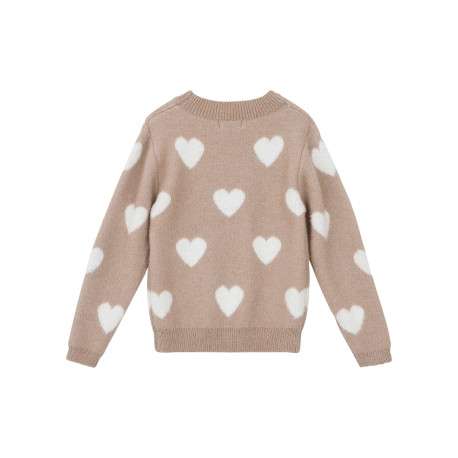 Pull beige en maille avec une coupe droite et des cœurs blancs imprimés - Image 2