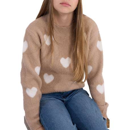 Pull beige en maille avec une coupe droite et des cœurs blancs imprimés - Image 3