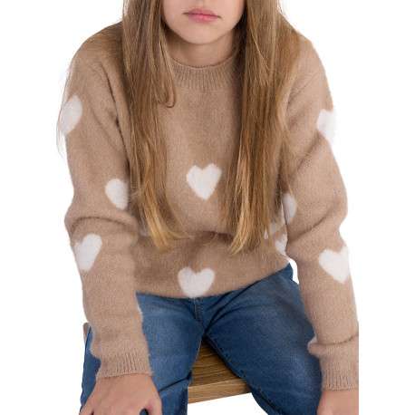 Pull beige en maille avec une coupe droite et des cœurs blancs imprimés - Image 4