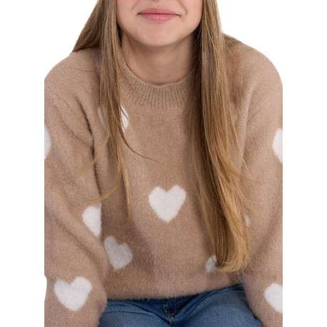 Pull beige en maille avec une coupe droite et des cœurs blancs imprimés - Image 5