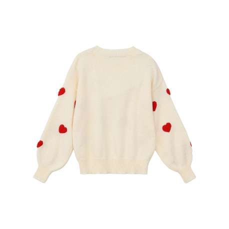 Pull écru en maille des cœurs rouges brodés et des manches longues - Image 2