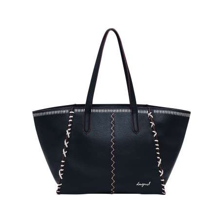 Sac shopping noir uni en simili-cuir avec 1 bandoulière amovible et 2 anses
