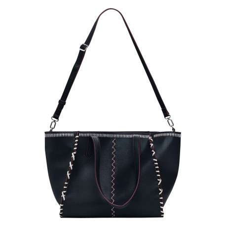 Sac shopping noir uni en simili-cuir avec 1 bandoulière amovible et 2 anses - Image 2