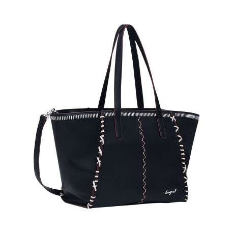 Sac shopping noir uni en simili-cuir avec 1 bandoulière amovible et 2 anses - Image 3