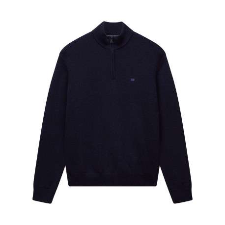 Pull en laine mélangée marine uni avec une coupe droite et un col camionneur