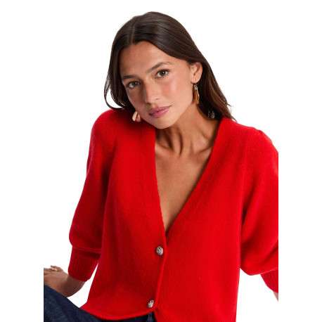 Gilet rouge en maille tricotée pourvu d'un col v et de manches longues - Image 2