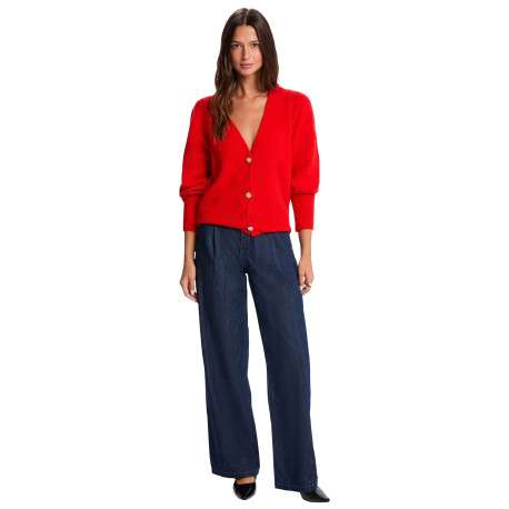 Gilet rouge en maille tricotée pourvu d'un col v et de manches longues - Image 5