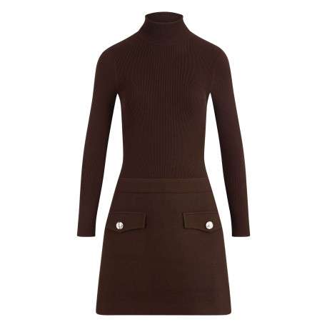 Robe marron pourvue d'une coupe ajustée et d'un col montant côtelé