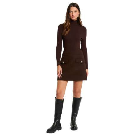 Robe marron pourvue d'une coupe ajustée et d'un col montant côtelé - Image 2