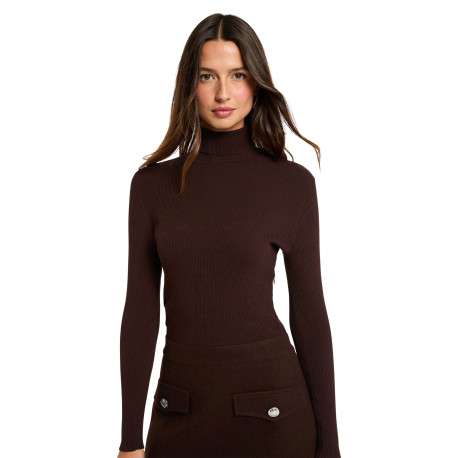 Robe marron pourvue d'une coupe ajustée et d'un col montant côtelé - Image 5