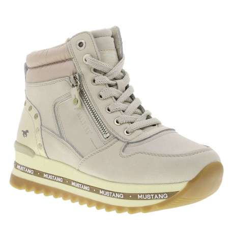 Baskets ivoire à talon semi-compensé avec des lacets et un zip latéral - Image 3