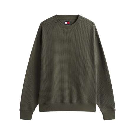 Pull en coton kaki en maille gaufrée pourvu d'un col rond et de manches longues