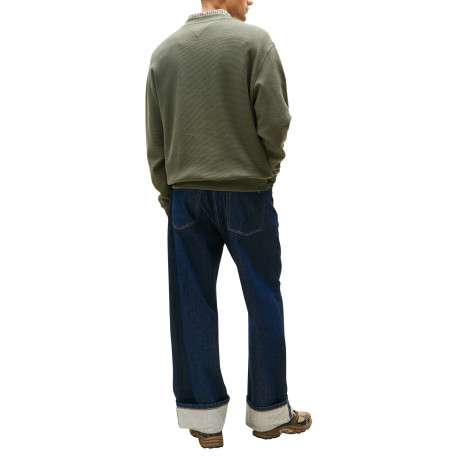 Pull en coton kaki en maille gaufrée pourvu d'un col rond et de manches longues - Image 3