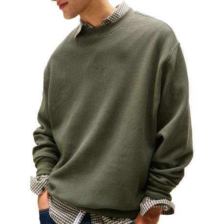 Pull en coton kaki en maille gaufrée pourvu d'un col rond et de manches longues - Image 4