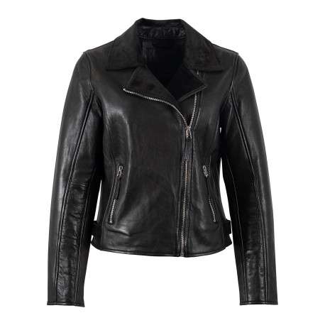 Veste perfecto en cuir de mouton noir unie à coupe ajustée avec un col à revers