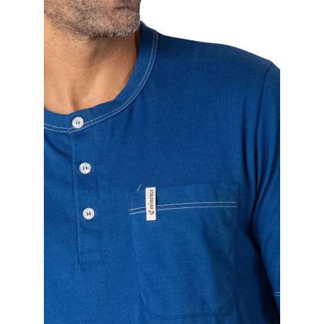 Pyjama en coton bleu à carreaux avec un col tunisien et des manches courtes - Image 3