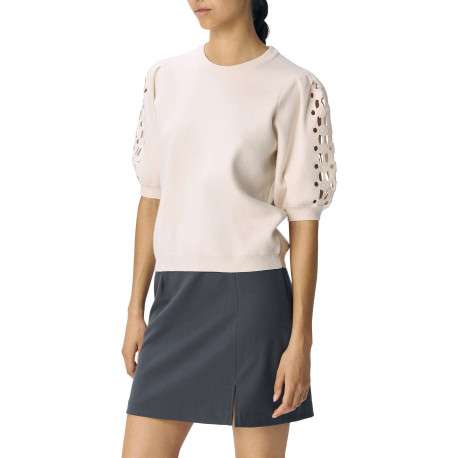 Pull beige uni à coupe droite avec un col rond et des manches courtes - Image 4