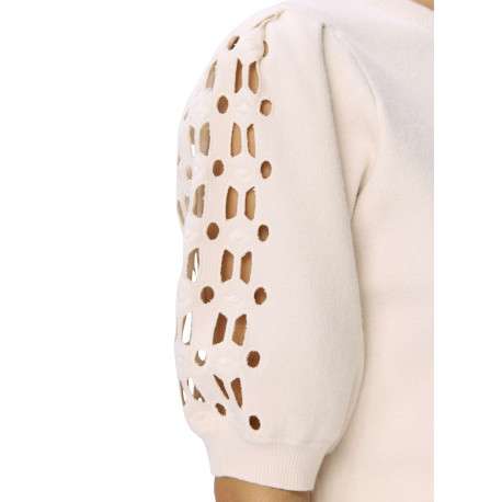 Pull beige uni à coupe droite avec un col rond et des manches courtes - Image 5