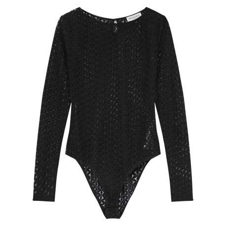 Body noir uni à coupe ajustée avec un col bateau et des manches longues