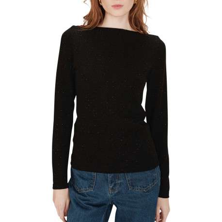 Pull noir brillant avec un col bateau et des manches longues - Image 4