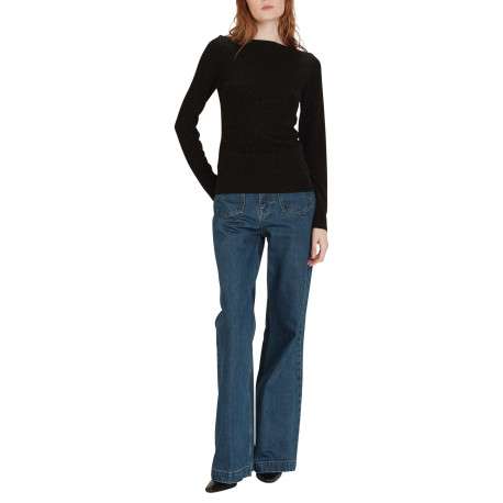 Pull noir brillant avec un col bateau et des manches longues - Image 5