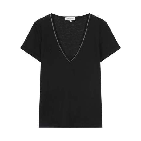 T-shirt en coton mélangé noir brillant avec une coupe droite et un col v