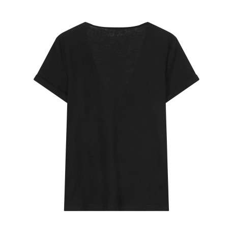 T-shirt en coton mélangé noir brillant avec une coupe droite et un col v - Image 2