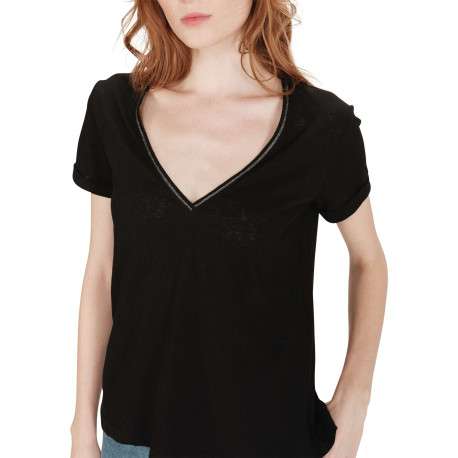 T-shirt en coton mélangé noir brillant avec une coupe droite et un col v - Image 3