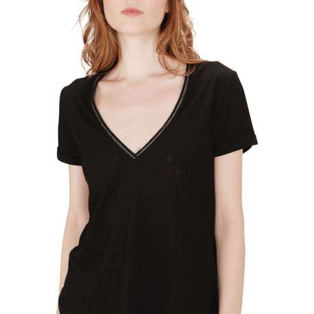 T-shirt en coton mélangé noir brillant avec une coupe droite et un col v - Image 6