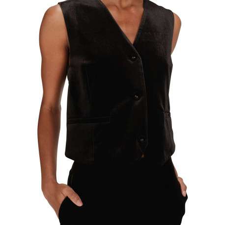 Gilet sans manches noir uni en velours avec une coupe ajustée - Image 4