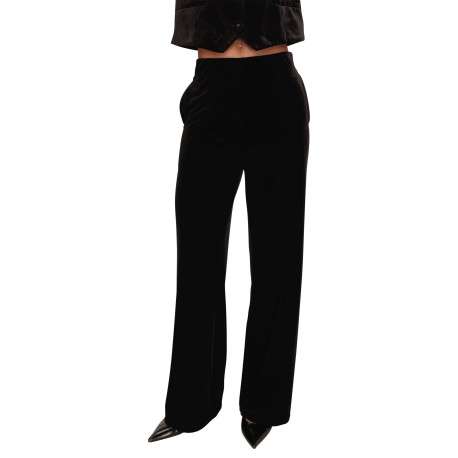Pantalon noir uni en velours avec une coupe droite et une taille haute - Image 3