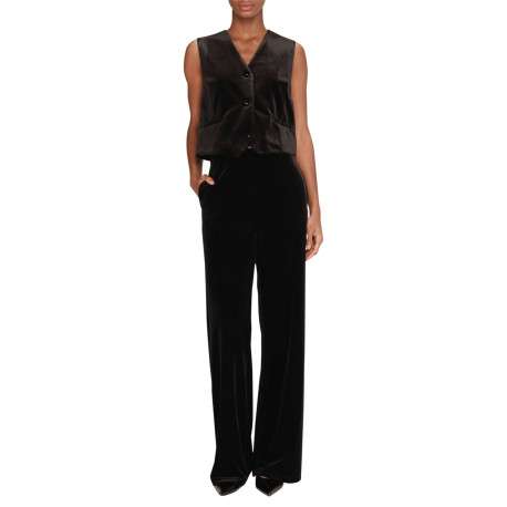 Pantalon noir uni en velours avec une coupe droite et une taille haute - Image 4