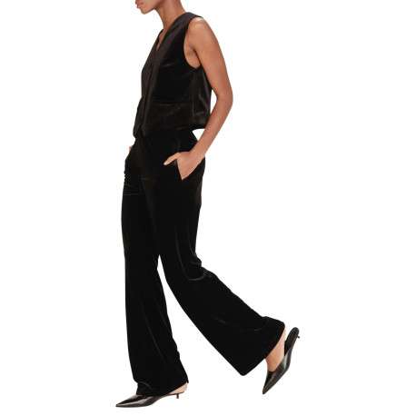 Pantalon noir uni en velours avec une coupe droite et une taille haute - Image 5