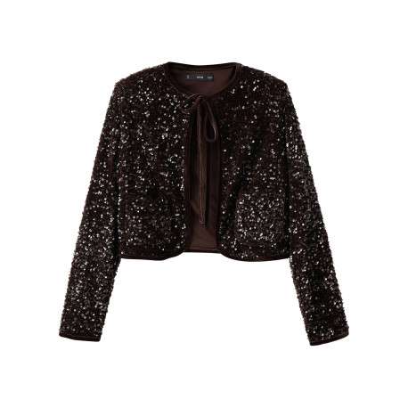 Gilet marron à sequins pourvu d'un col rond et de manches longues