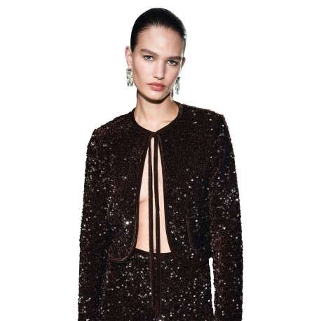 Gilet marron à sequins pourvu d'un col rond et de manches longues - Image 2