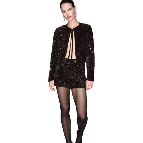 Gilet marron à sequins pourvu d'un col rond et de manches longues - Image 6